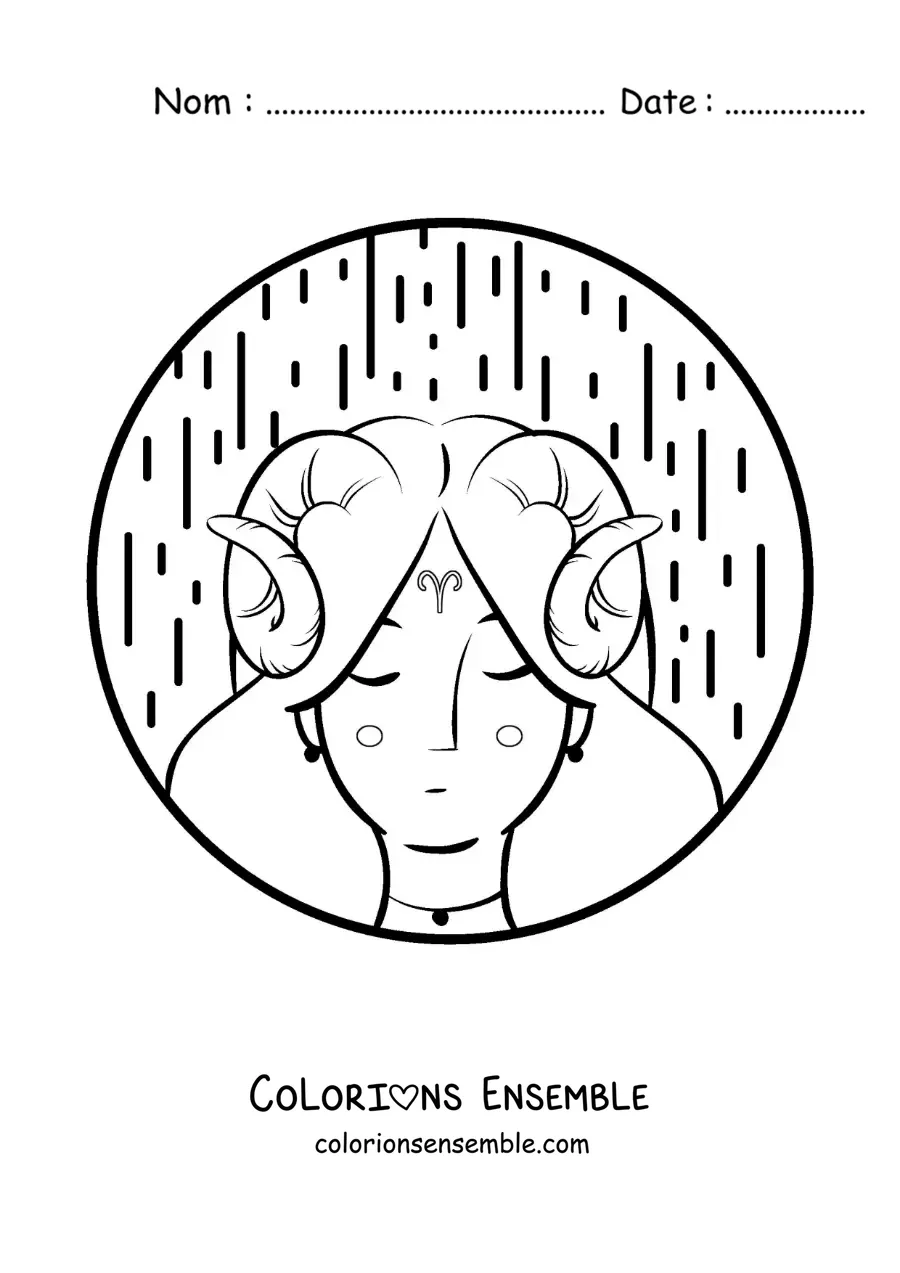 Image à colorier d’une fille du signe du Bélier en dessin animé avec le symbole du Bélier