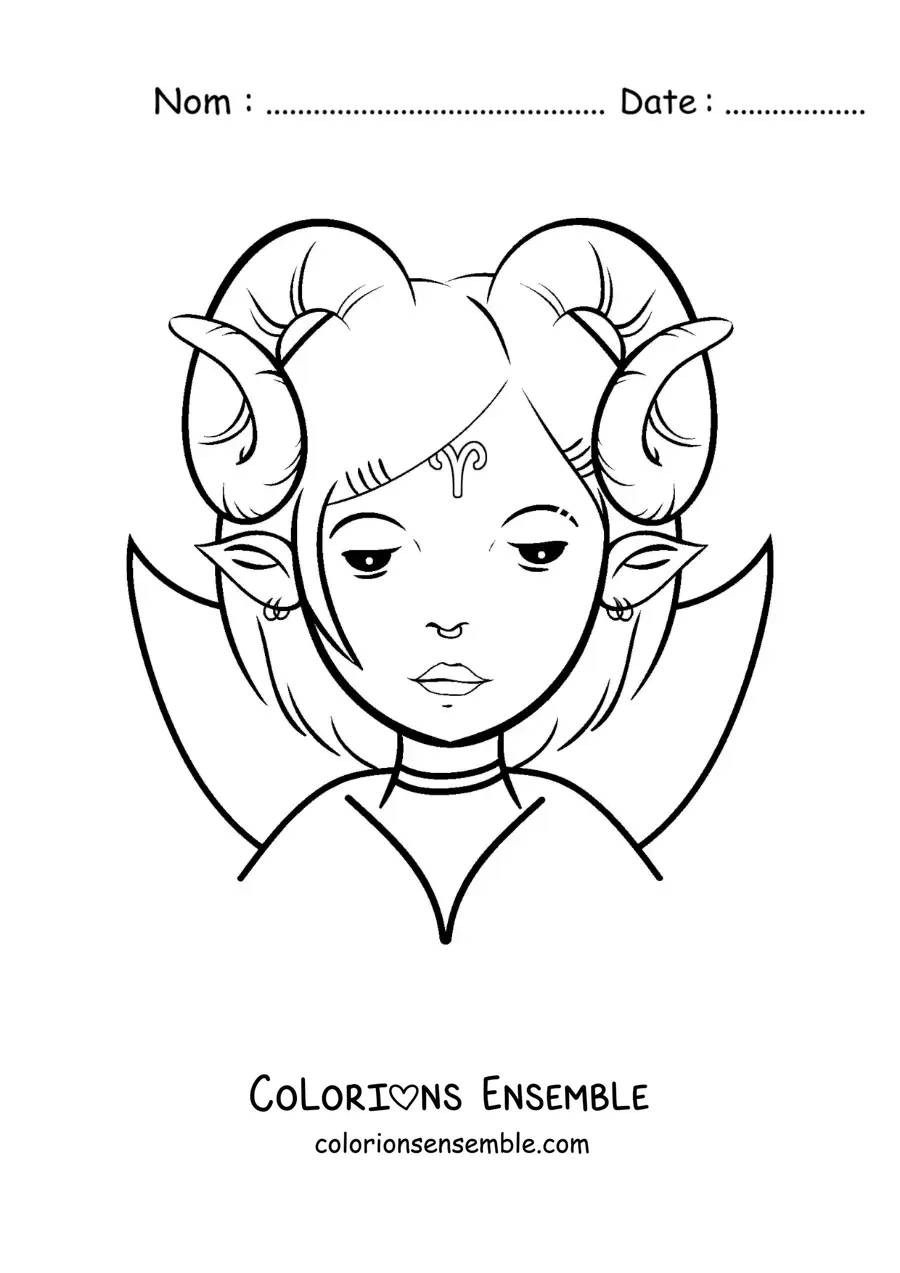 Image à colorier d’une fille du signe du Bélier en dessin animé avec la lettre mu