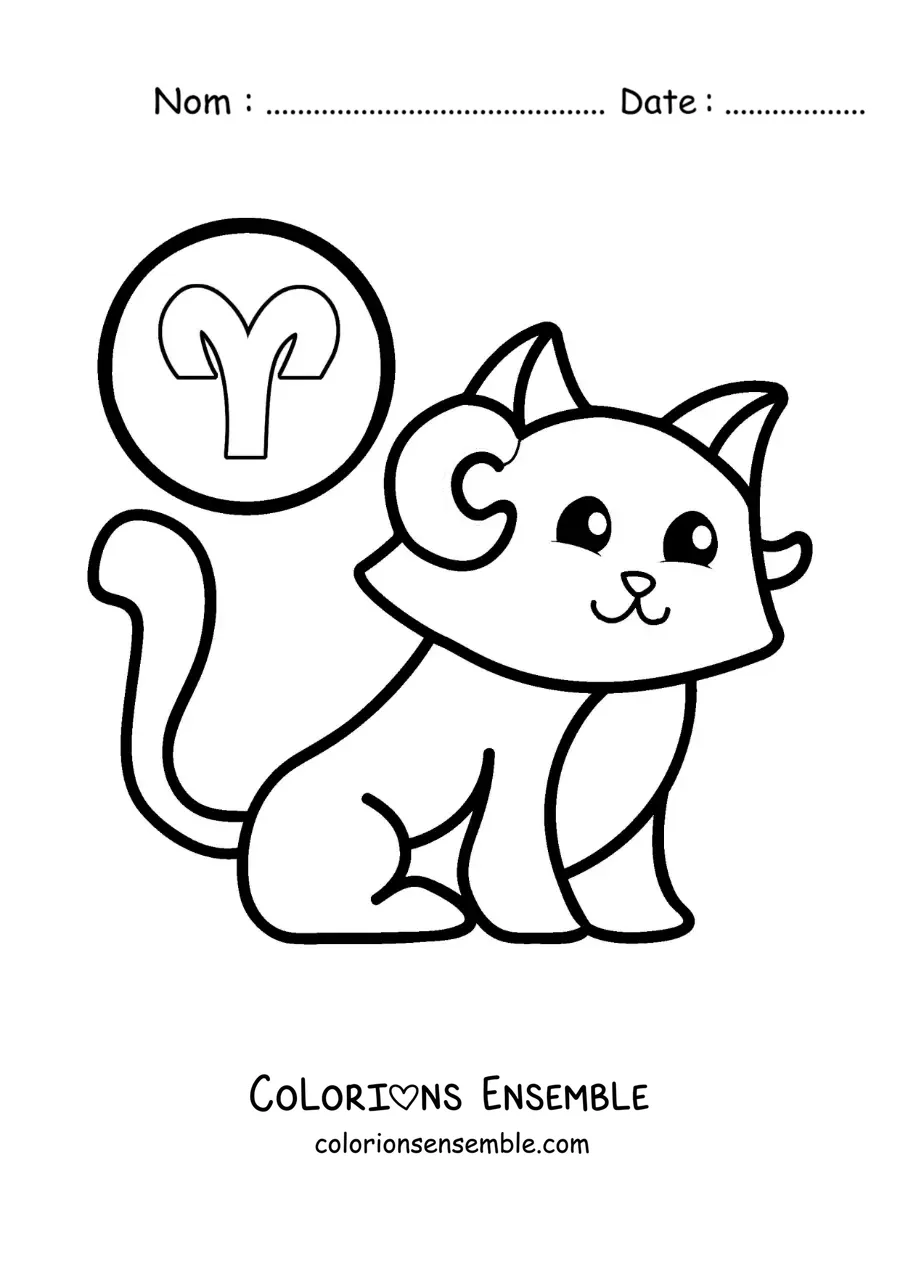 Image à colorier d’un chat du signe du Bélier en dessin animé avec son symbole