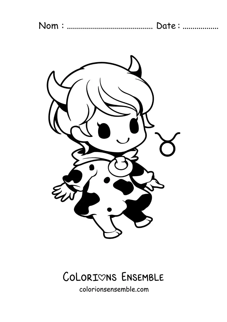 Image à colorier d’une fille du signe du Taureau en dessin animé kawaii avec son symbole