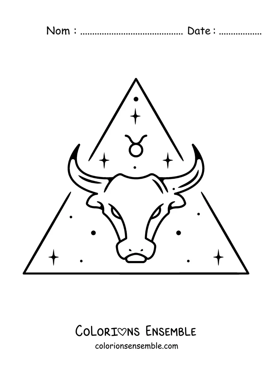 Image à colorier d’un taureau du signe du Taureau avec son symbole et des étoiles