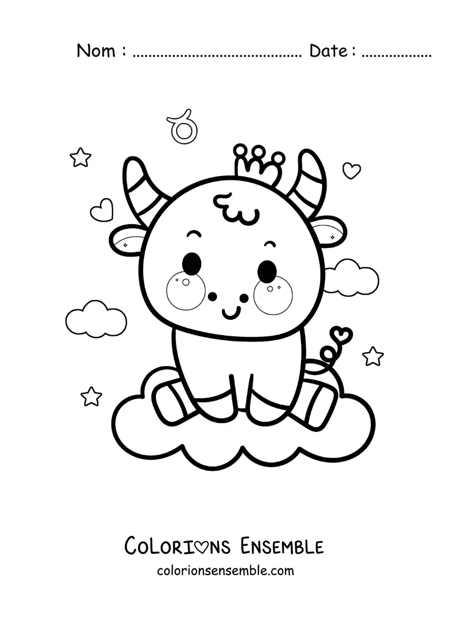 Image à colorier d’un taureau du signe du Taureau en dessin animé kawaii avec son symbole