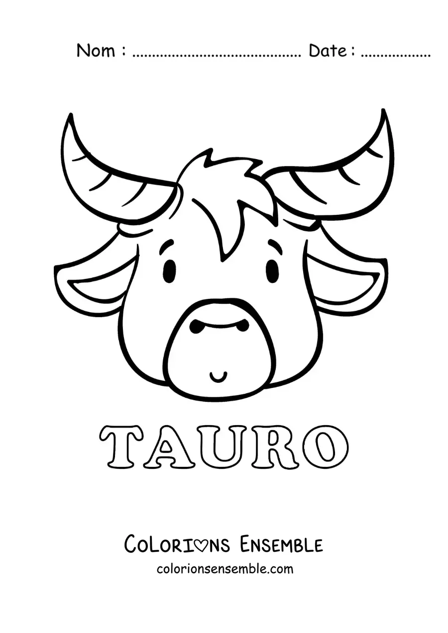 Image à colorier d’un taureau du signe du Taureau en dessin animé avec son nom