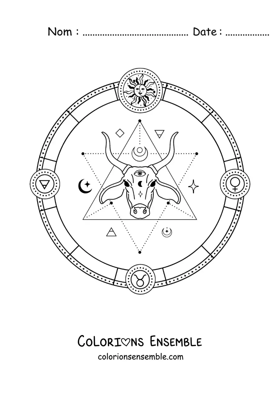 Image à colorier du signe du zodiaque Taureau avec ses symboles