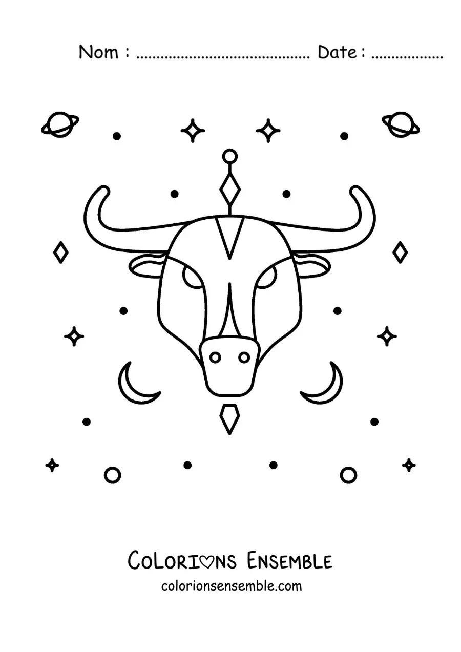 Image à colorier du taureau du signe du Taureau avec des étoiles et des astres