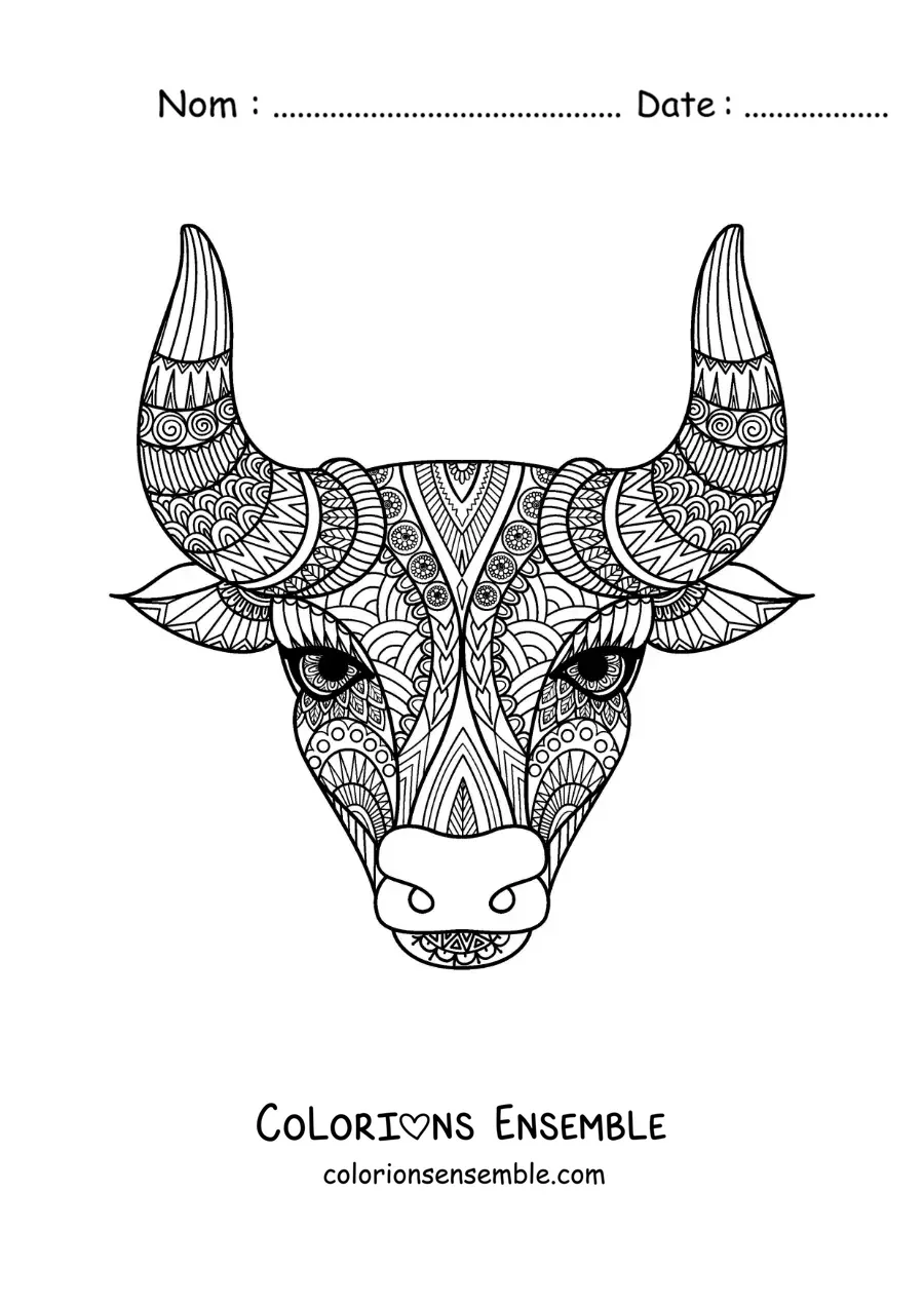 Image à colorier d’un mandala du signe du Taureau