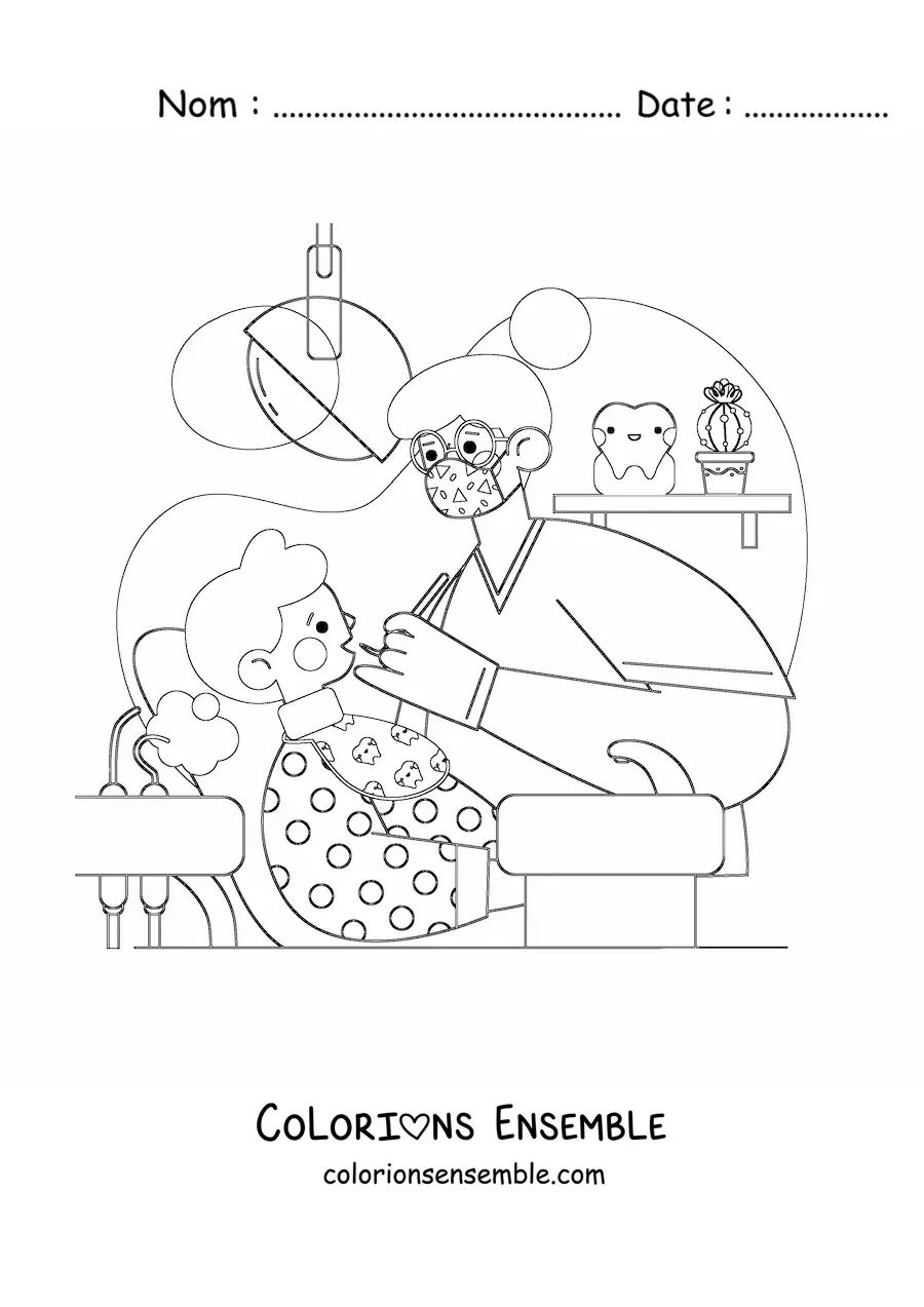 Image à colorier d’une dentiste s’occupant d’une petite fille dans son cabinet