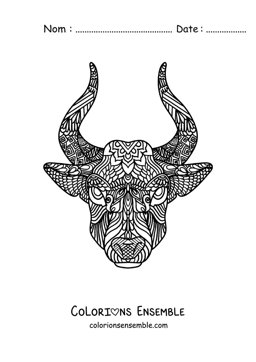 Image à colorier d’un mandala du taureau du signe du zodiaque Taureau