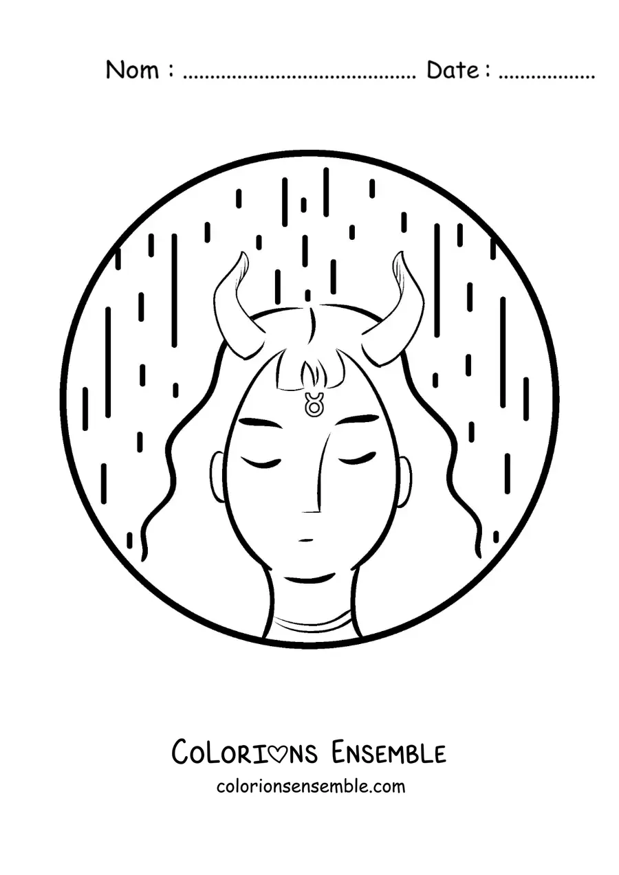 Image à colorier d’une fille du Taureau en dessin animé avec le symbole du signe