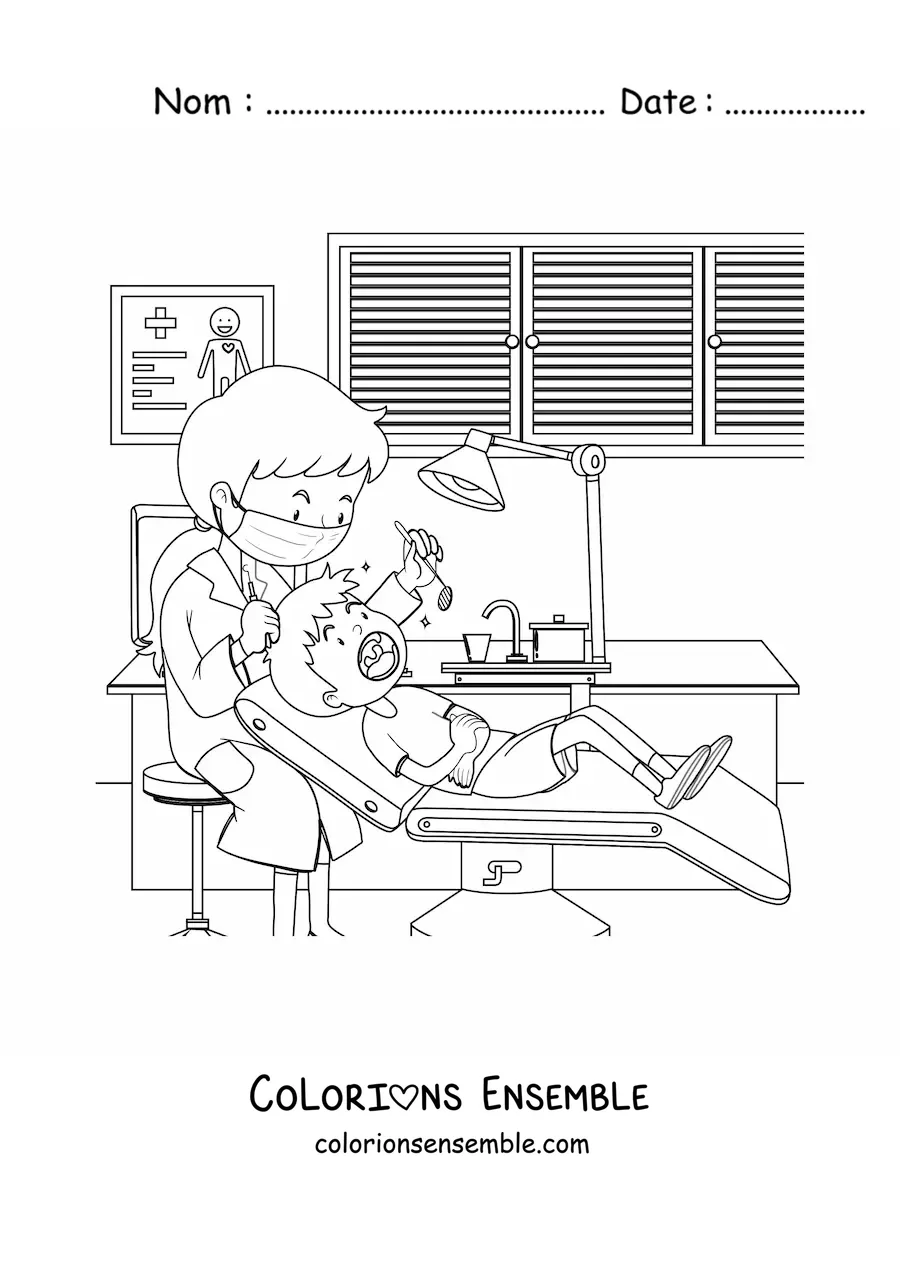 Image à colorier d’une dentiste et d’un enfant dans le cabinet dentaire