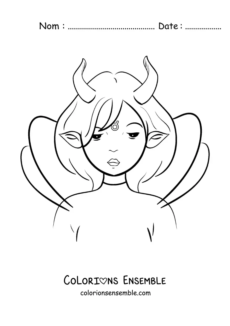 Image à colorier d’une fille du signe du Taureau en dessin animé fantastique