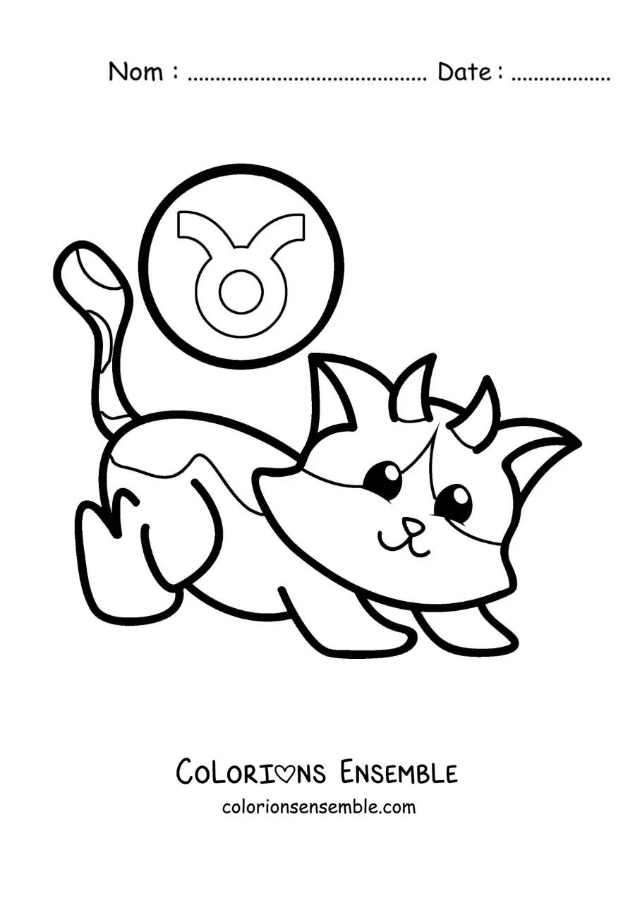 Image à colorier d’un chat du signe du Taureau en dessin animé avec son symbole