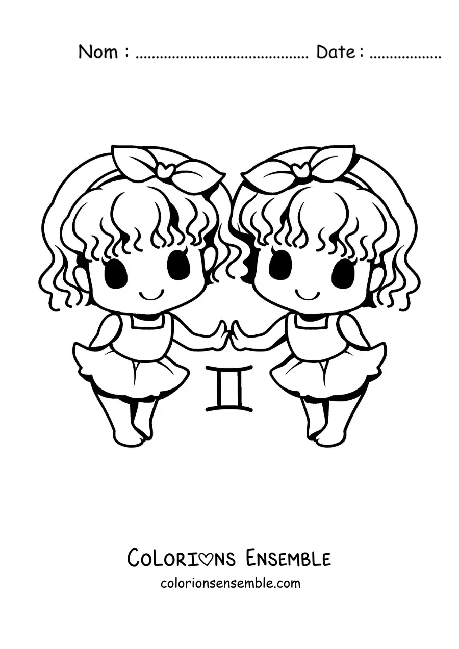 Image à colorier de jumelles du signe des Gémeaux kawaii en dessin animé