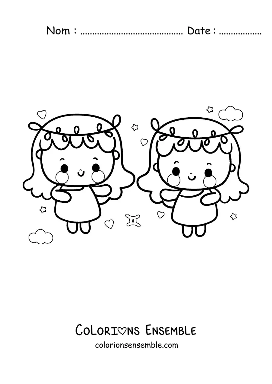 Image à colorier de jumelles du signe des Gémeaux kawaii avec leur symbole