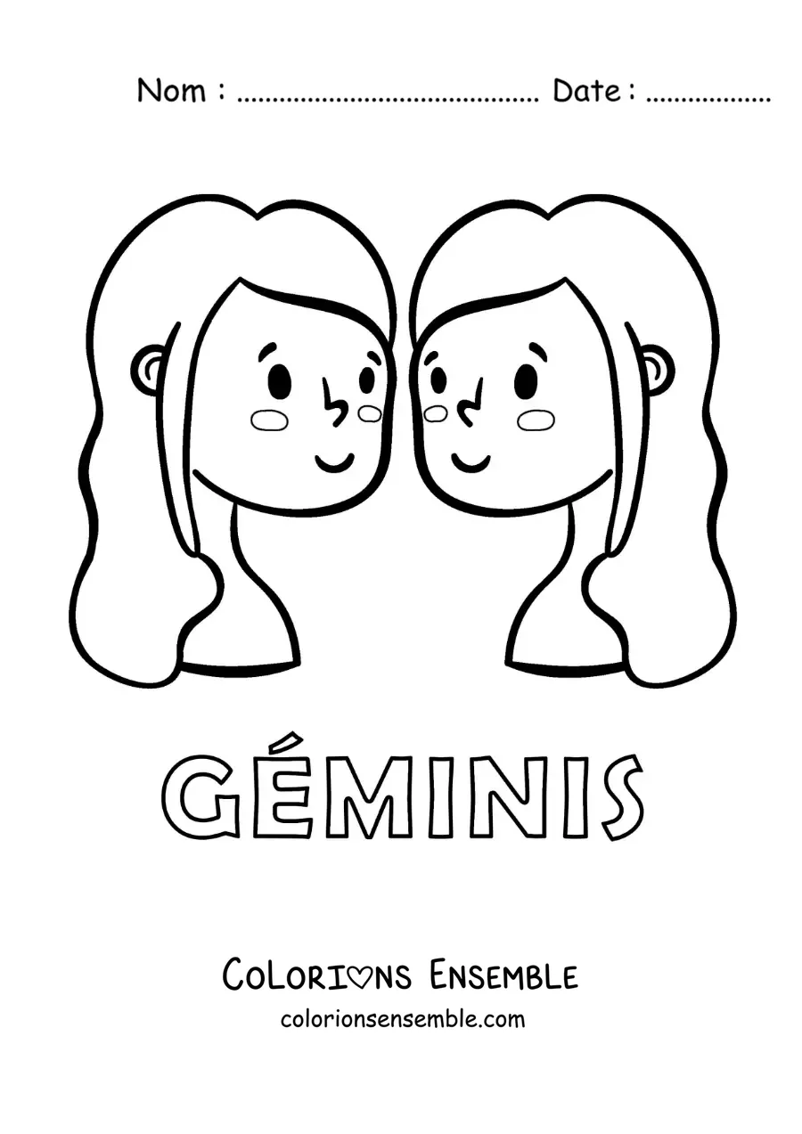 Image à colorier de jumelles des Gémeaux en dessin animé avec le nom du signe