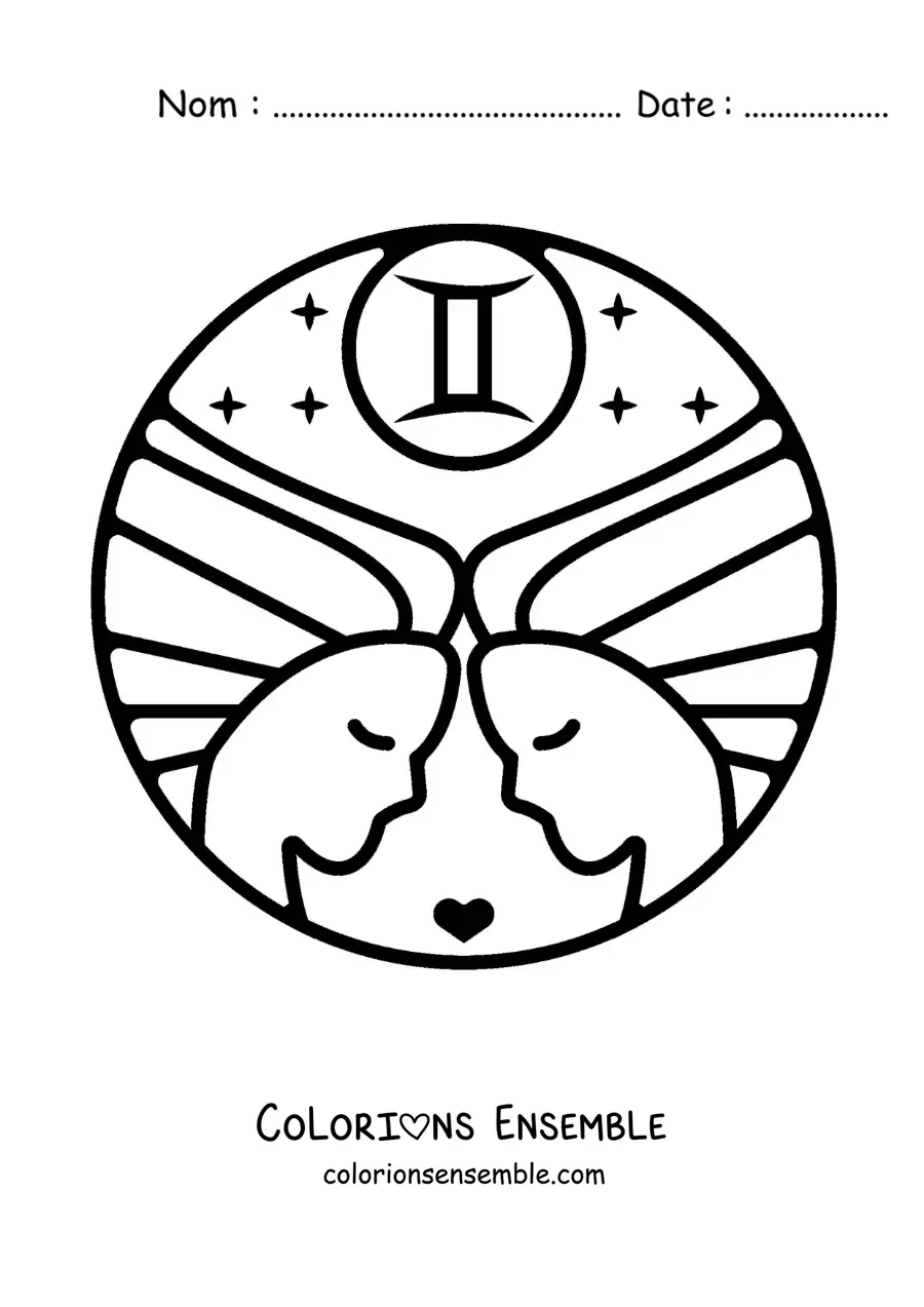 Image à colorier de jumelles du signe des Gémeaux en dessin animé facile avec un cœur