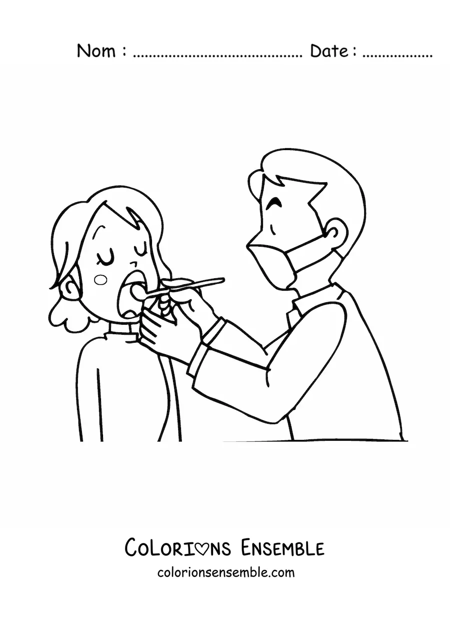 Image à colorier d’un dentiste en dessin animé et de son patient la bouche ouverte