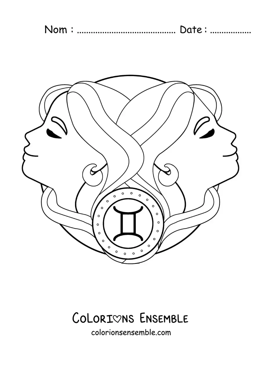 Image à colorier de filles du signe des Gémeaux avec leur symbole