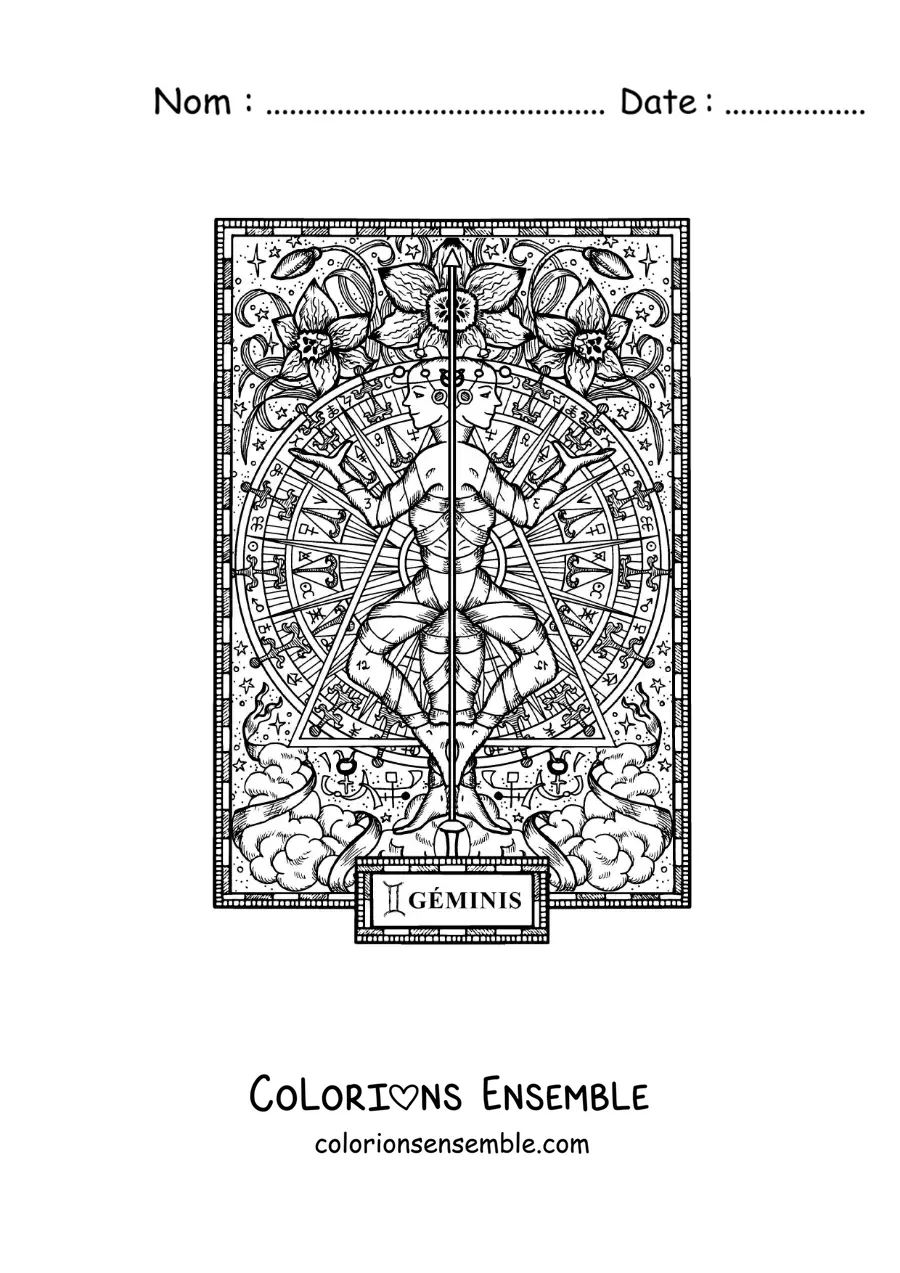 Image à colorier d’une carte du signe du zodiaque des Gémeaux