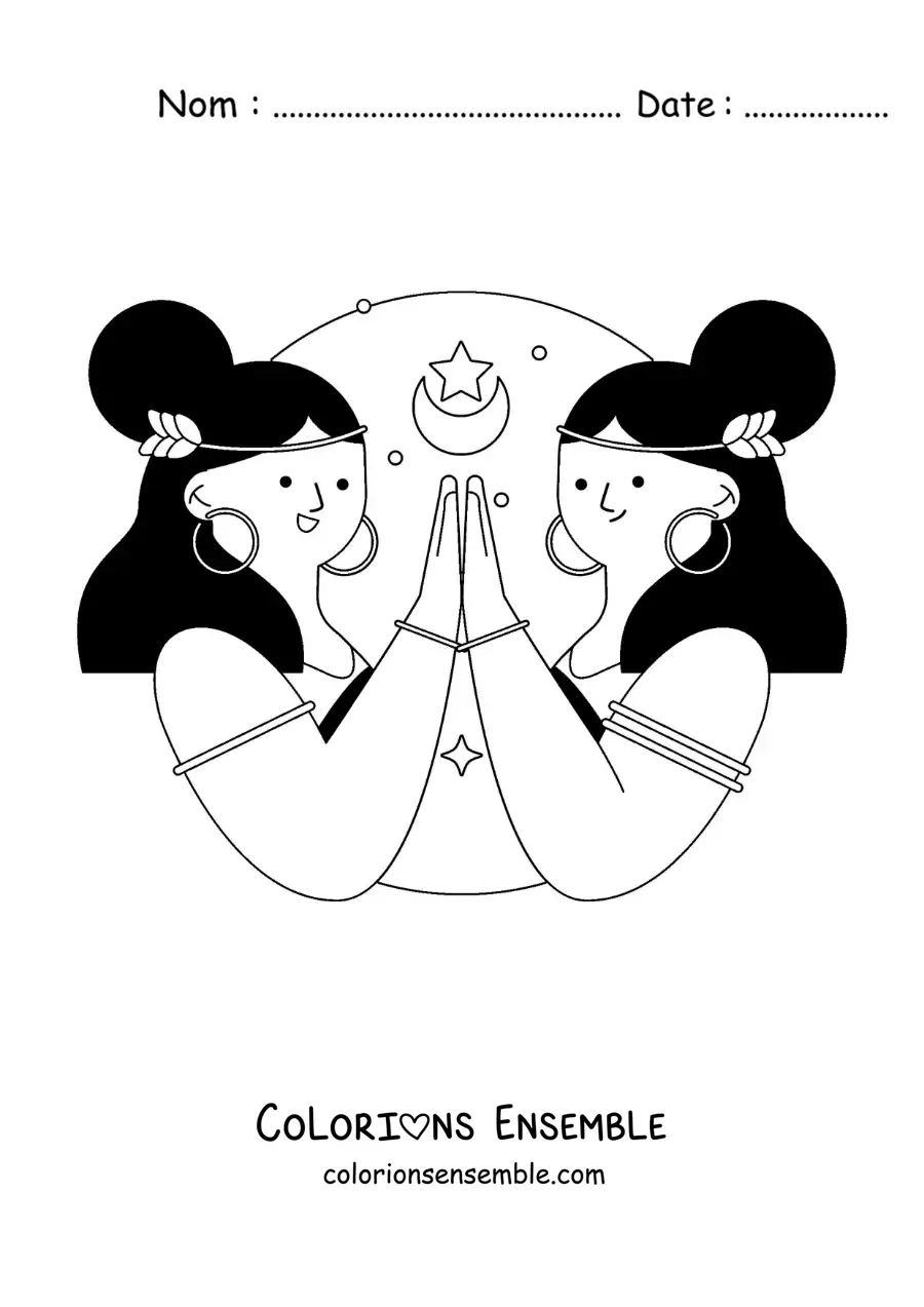Image à colorier de deux filles du signe des Gémeaux en dessin animé