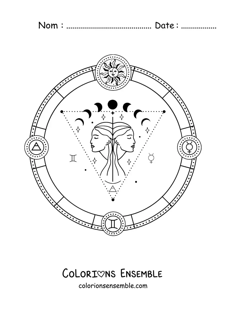Image à colorier des symboles du signe du zodiaque des Gémeaux