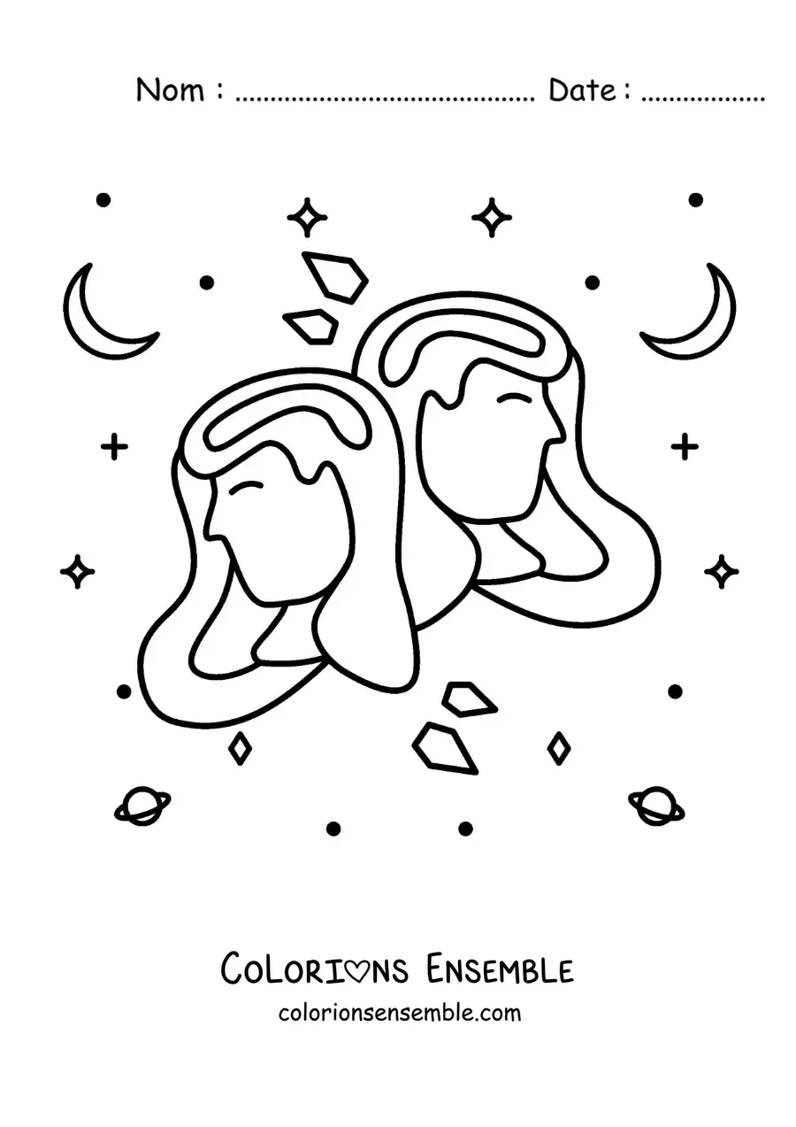 Image à colorier de filles du signe des Gémeaux avec des étoiles et des astres