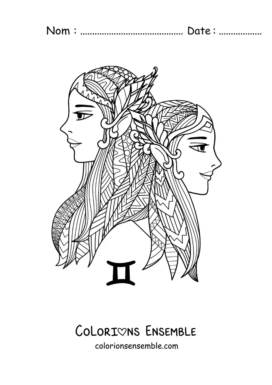 Image à colorier d’un mandala de filles du signe du zodiaque des Gémeaux