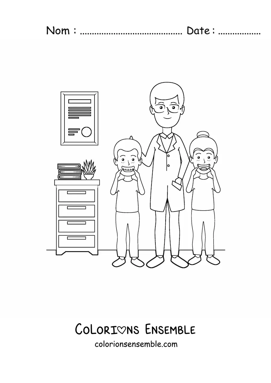 Image à colorier d’un dentiste pour enfants et de deux enfants