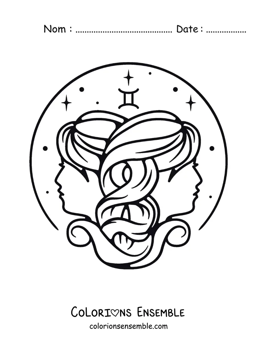 Image à colorier des jumelles des Gémeaux avec leur symbole