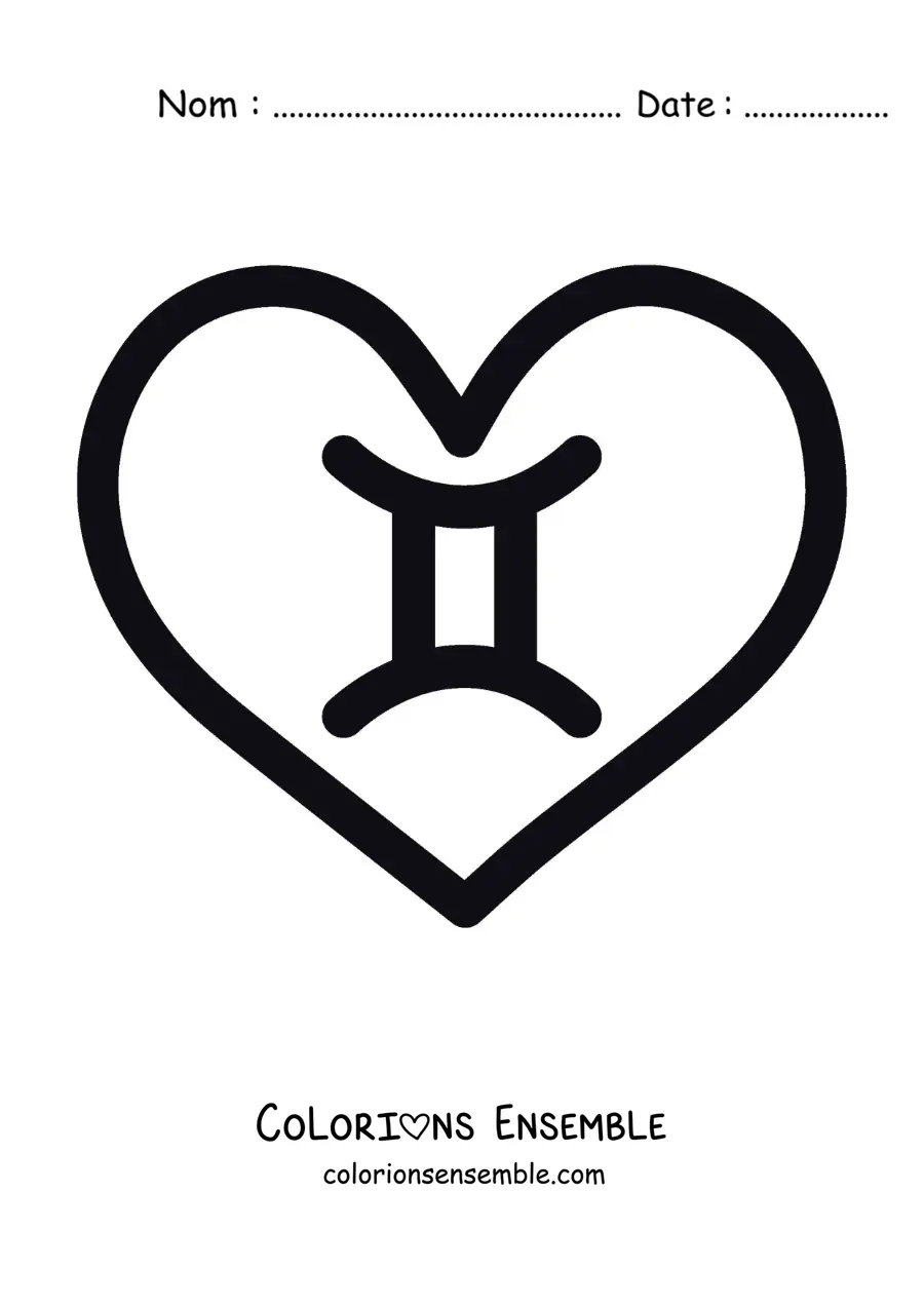 Image à colorier du symbole des Gémeaux dans un cœur