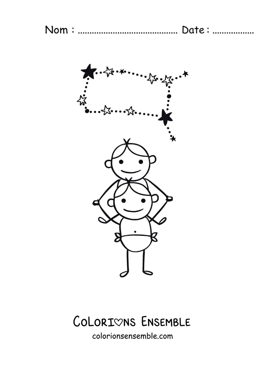 Image à colorier des Gémeaux en dessin animé avec leur constellation