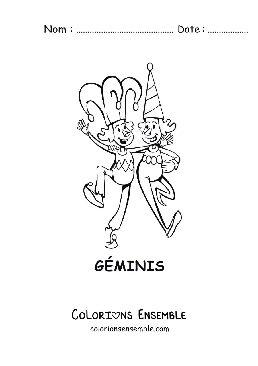 Image à colorier de deux clowns du signe des Gémeaux en dessin animé
