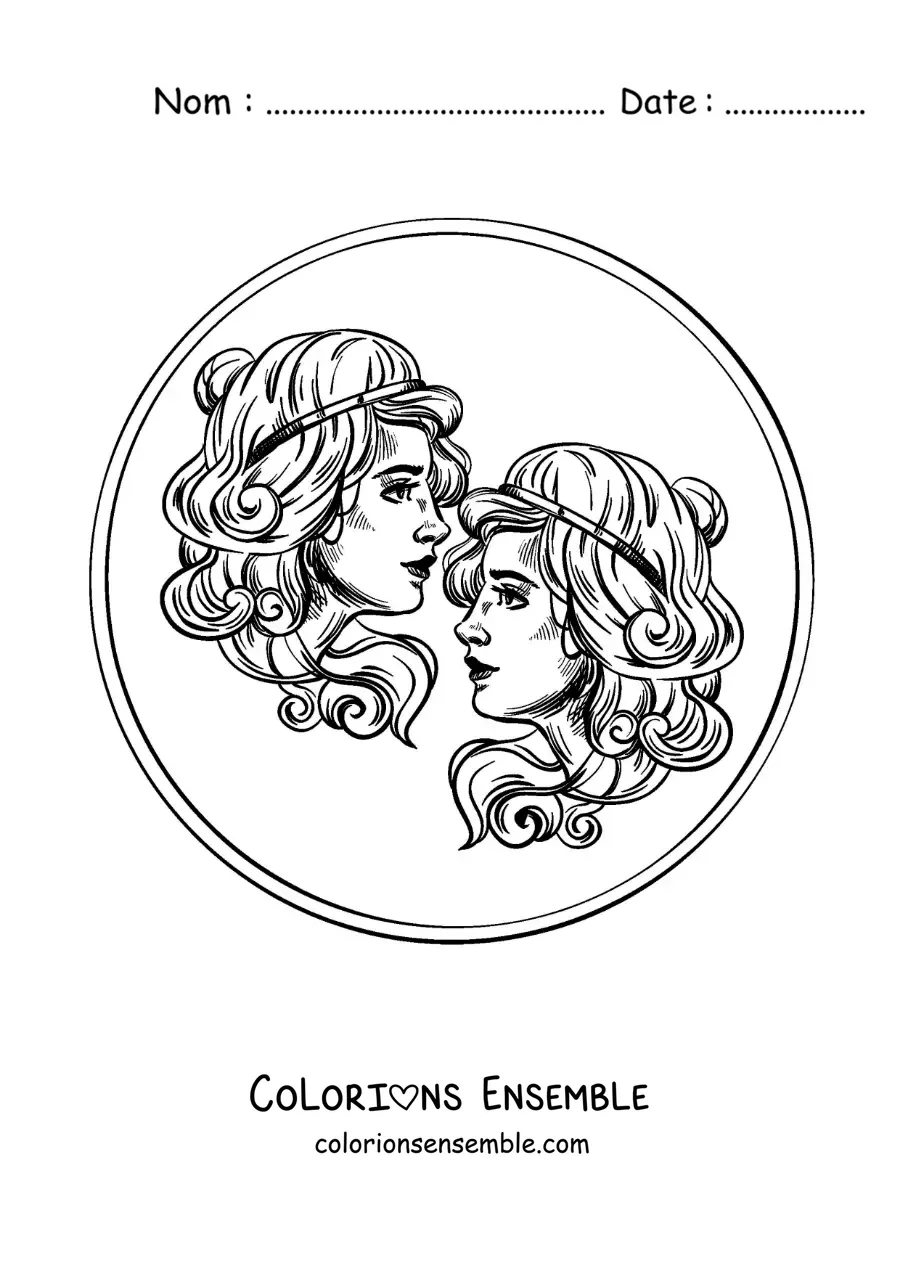 Image à colorier de femmes jumelles du signe des Gémeaux réalistes