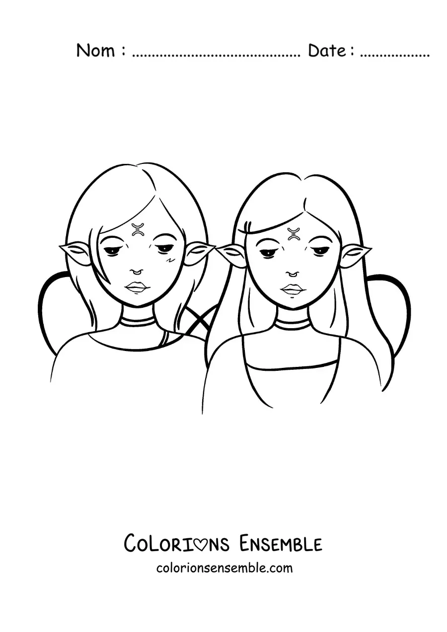 Image à colorier de deux filles en dessin animé du signe des Gémeaux fantastique