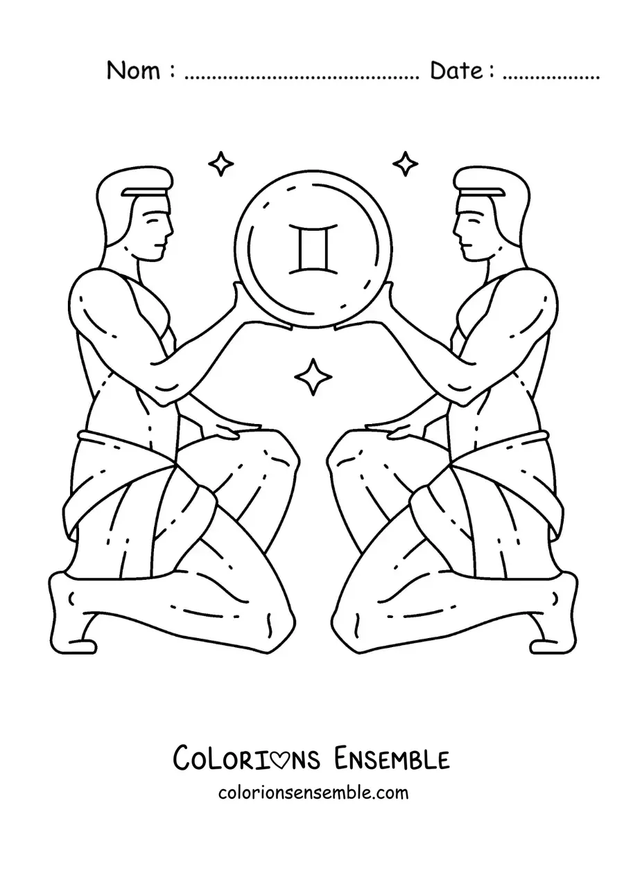 Image à colorier des jumeaux des Gémeaux en dessin animé avec leur symbole