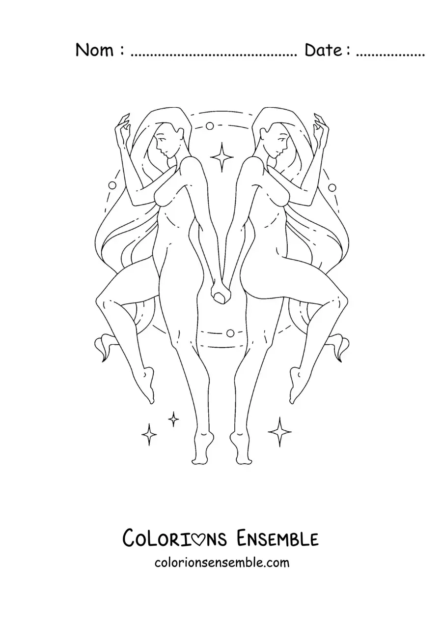 Image à colorier de deux femmes du signe des Gémeaux