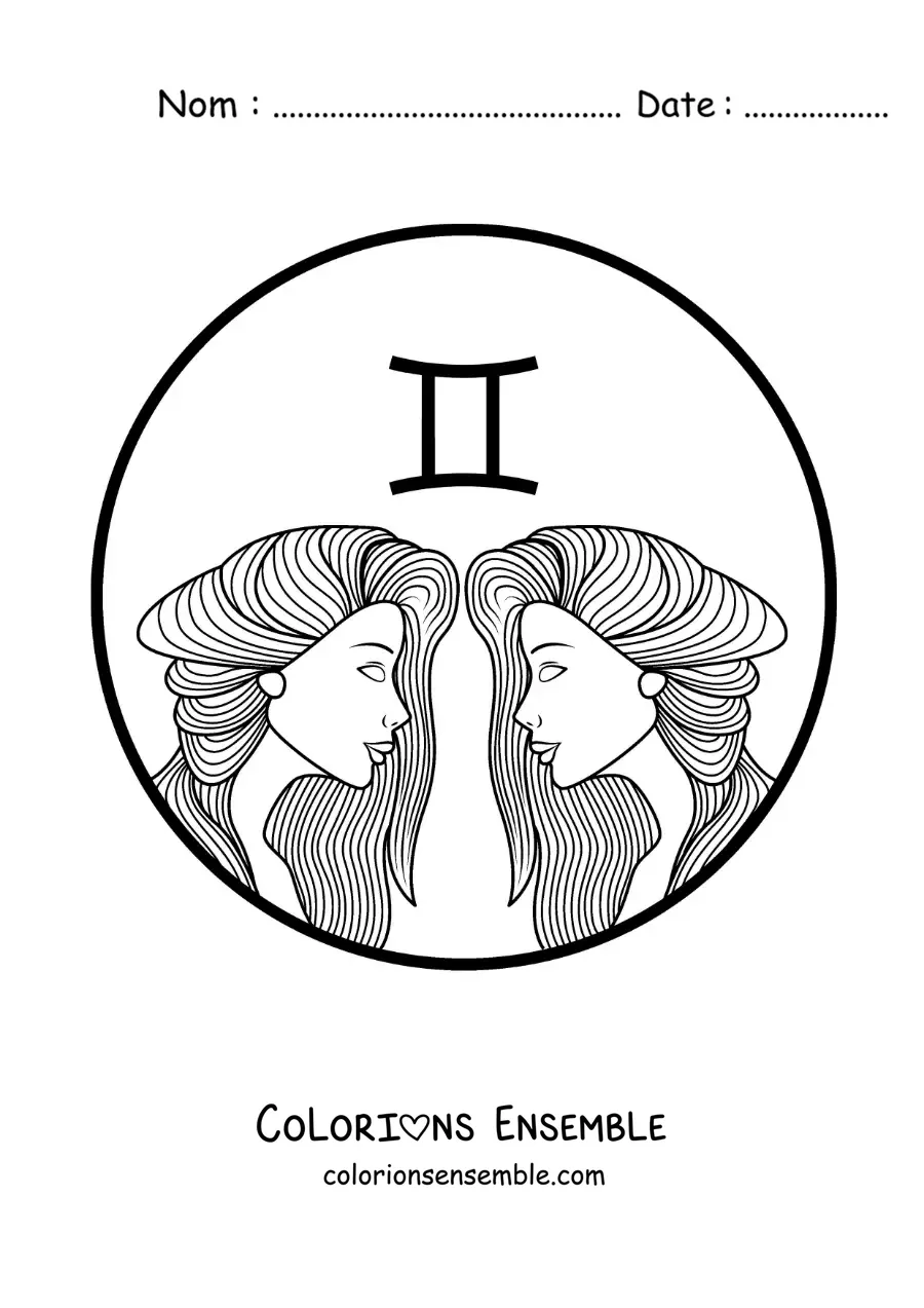 Image à colorier du visage de deux belles filles du signe des Gémeaux avec leur symbole