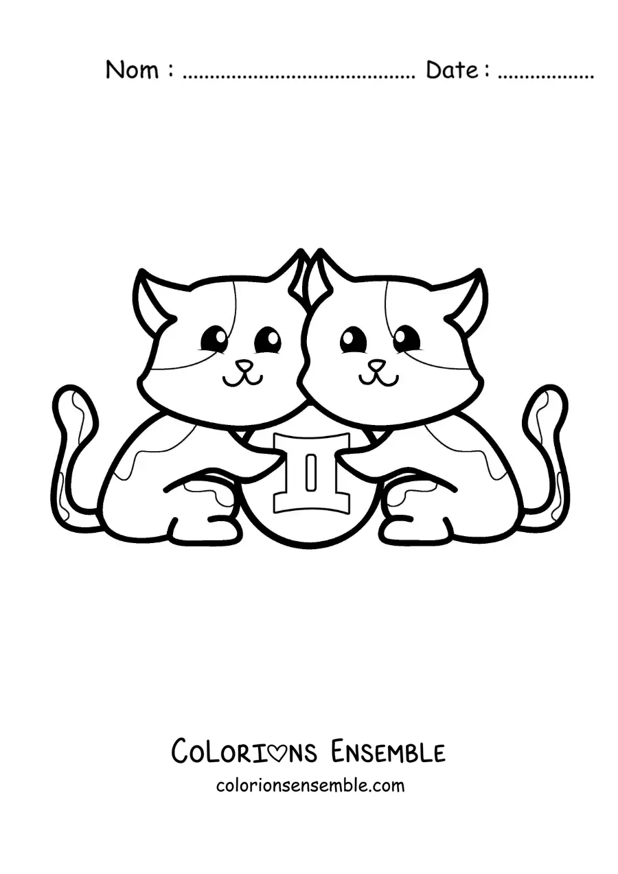 Image à colorier de chatons en dessin animé du signe des Gémeaux