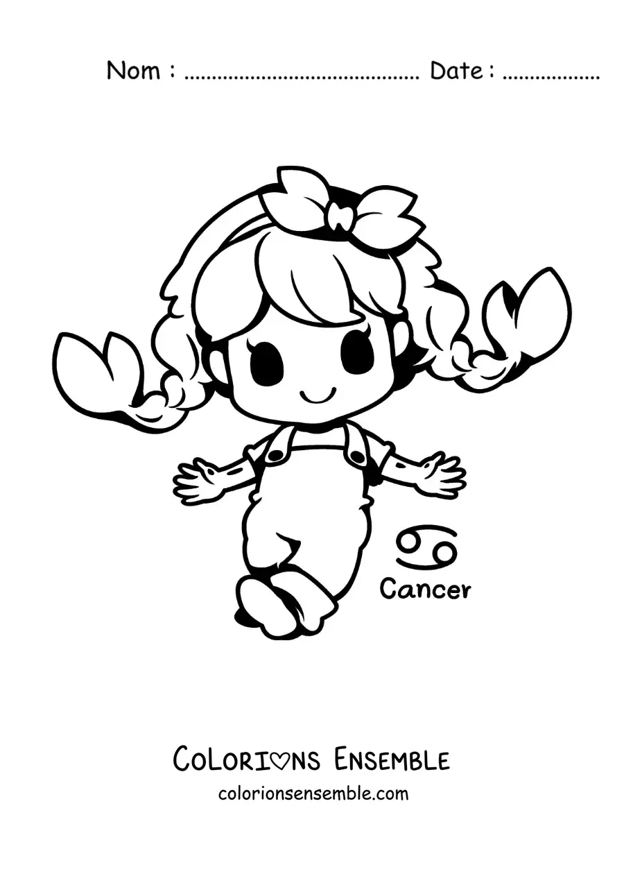Image à colorier d’une fille du signe du Cancer en dessin animé kawaii avec son symbole