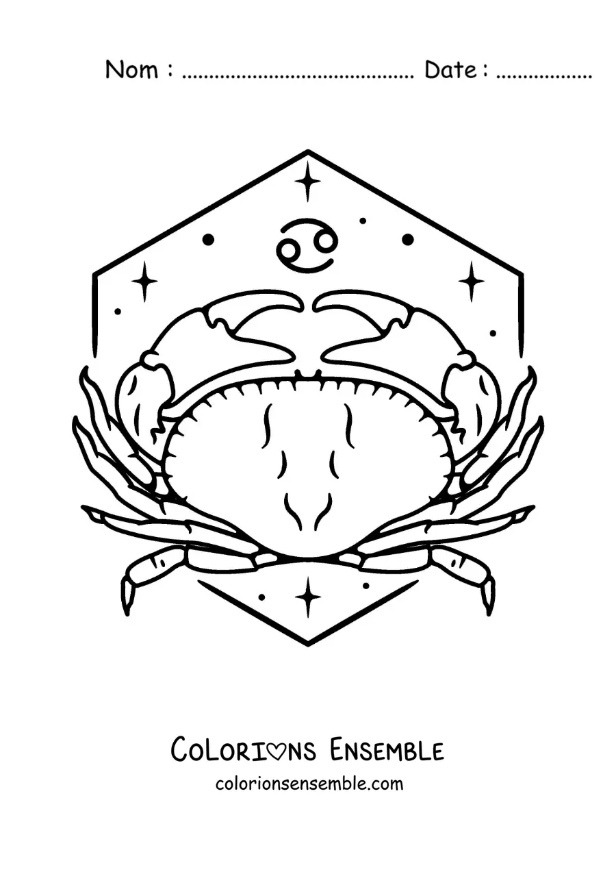 Image à colorier d’un crabe du signe du Cancer avec son symbole