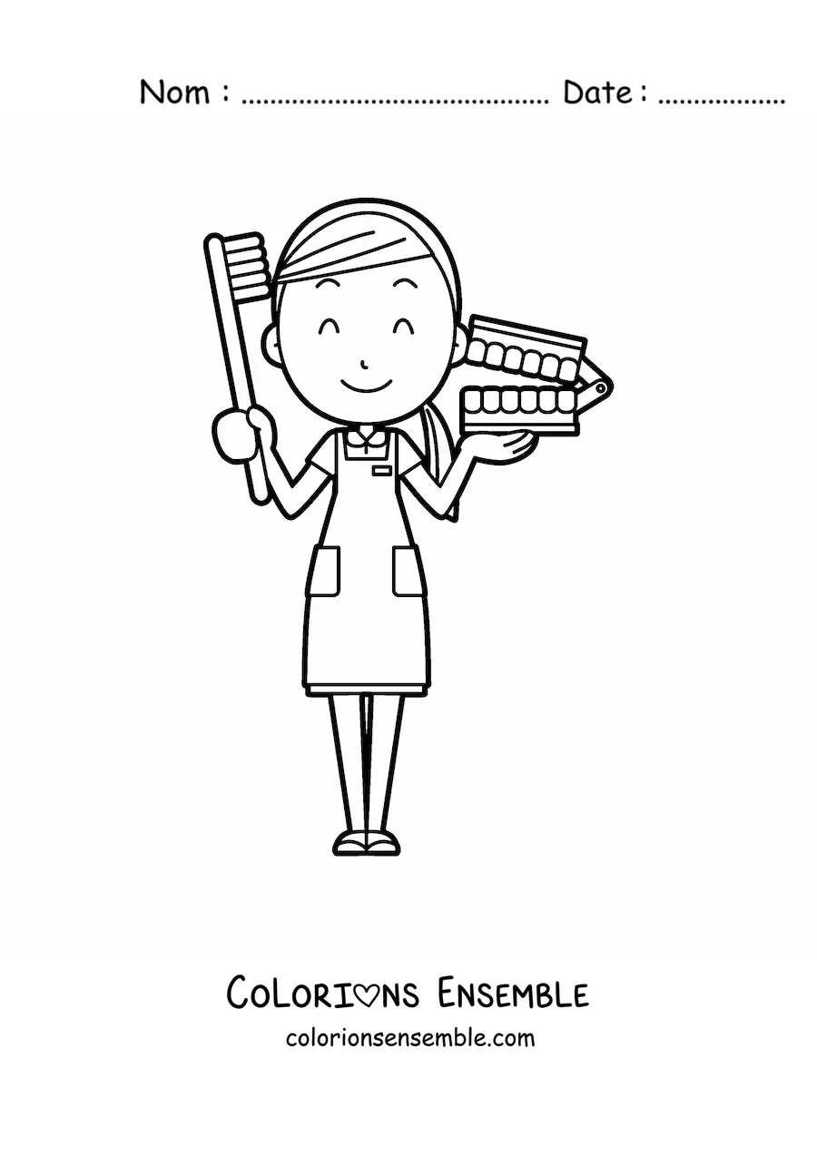 Image à colorier d’une dentiste avec des accessoires d’hygiène dentaire