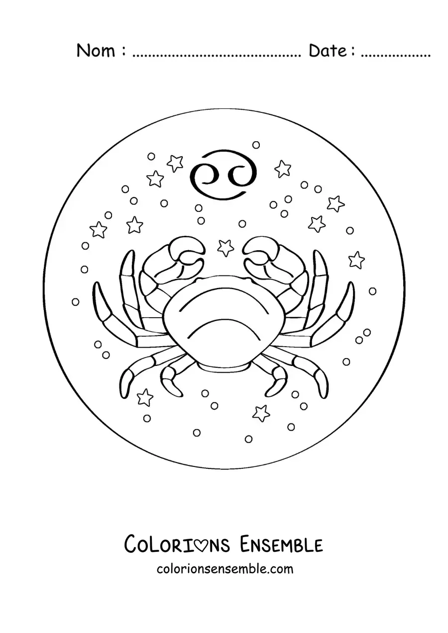 Image à colorier d’un crabe du signe du zodiaque Cancer avec son symbole et des étoiles