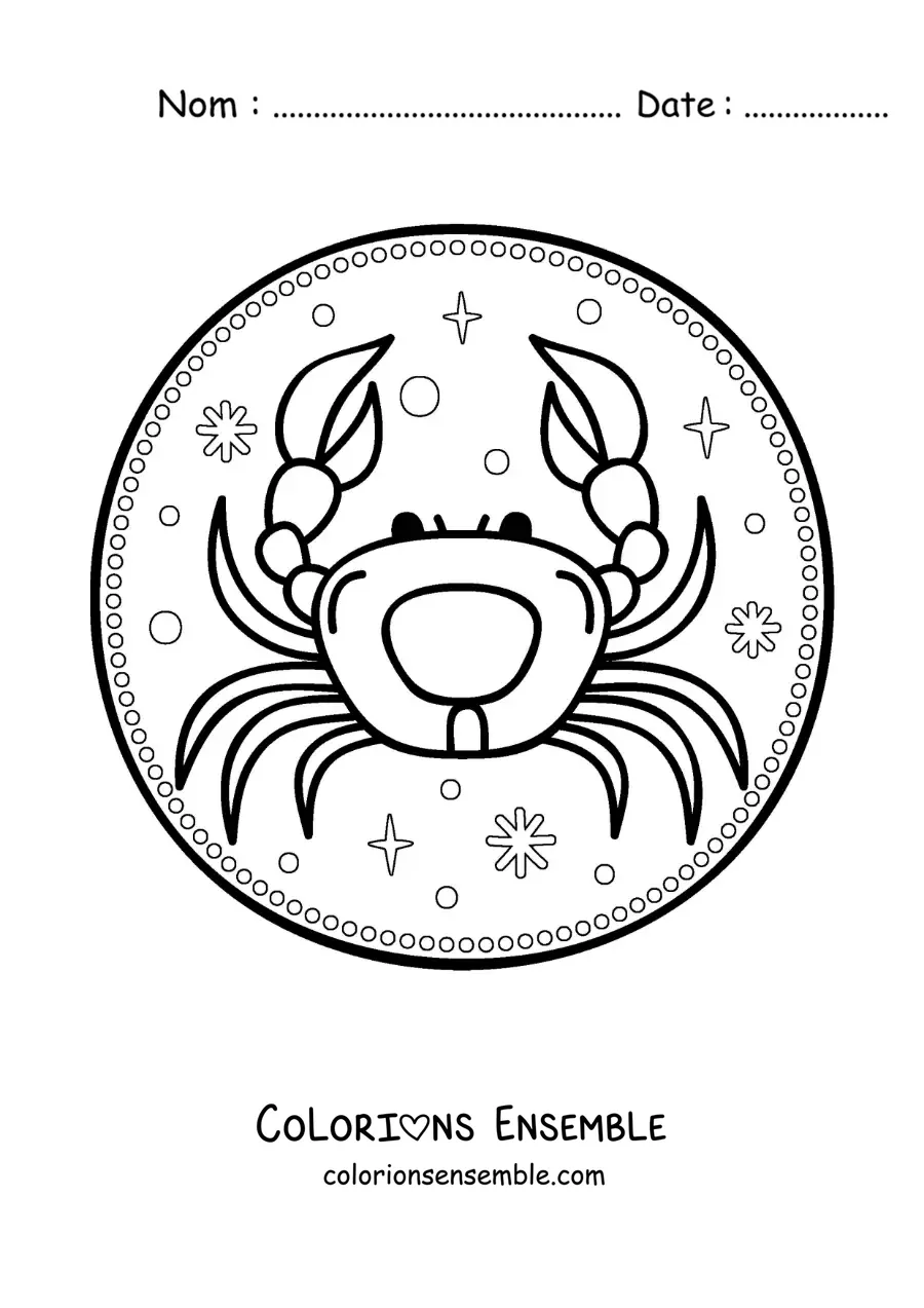 Image à colorier d’un crabe du signe du Cancer facile avec des étoiles