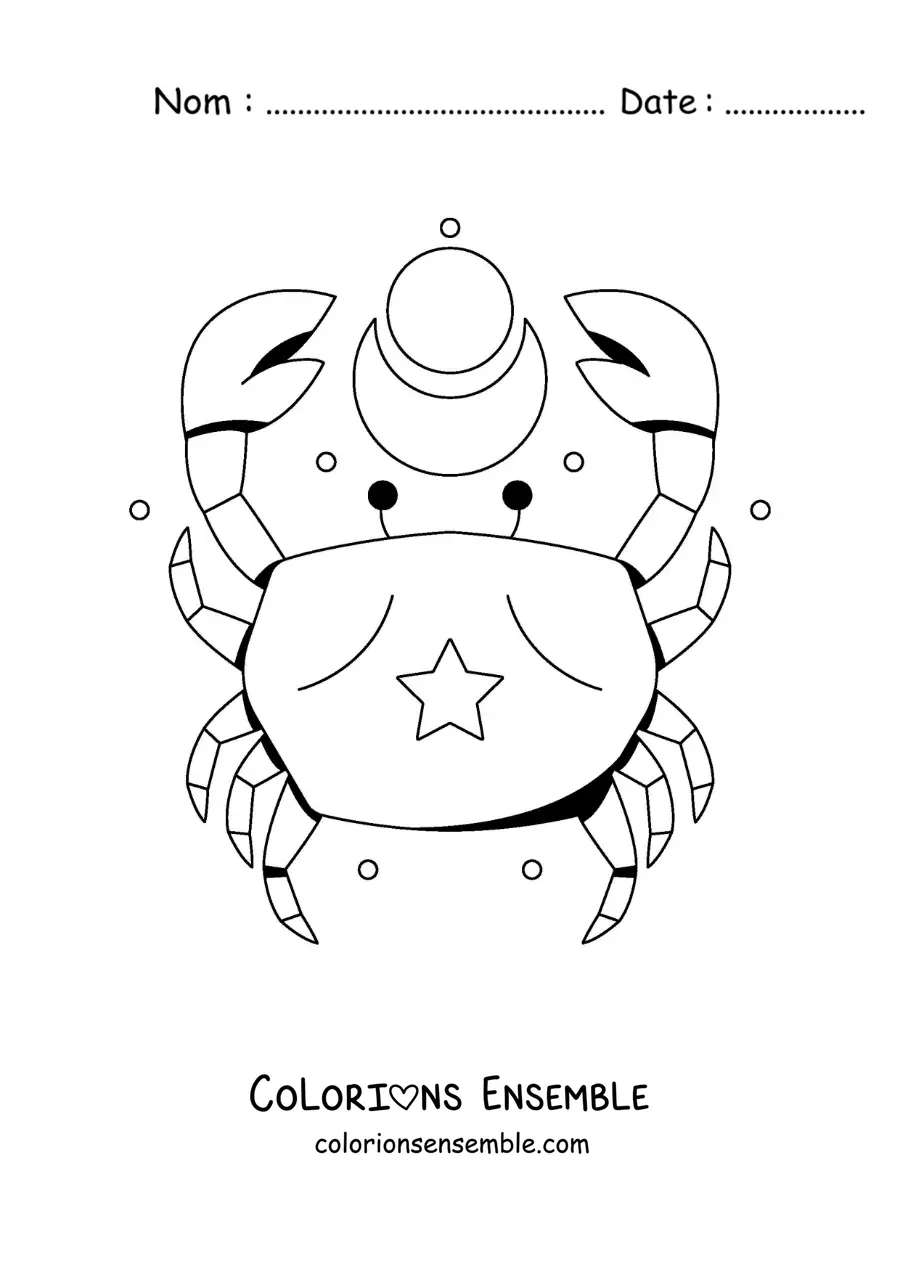 Image à colorier d’un crabe du signe du Cancer en dessin animé avec des étoiles