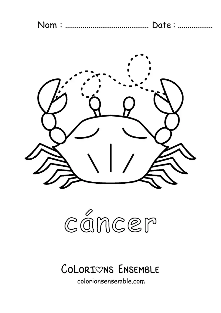 Image à colorier d’un crabe avec le nom du signe du Cancer