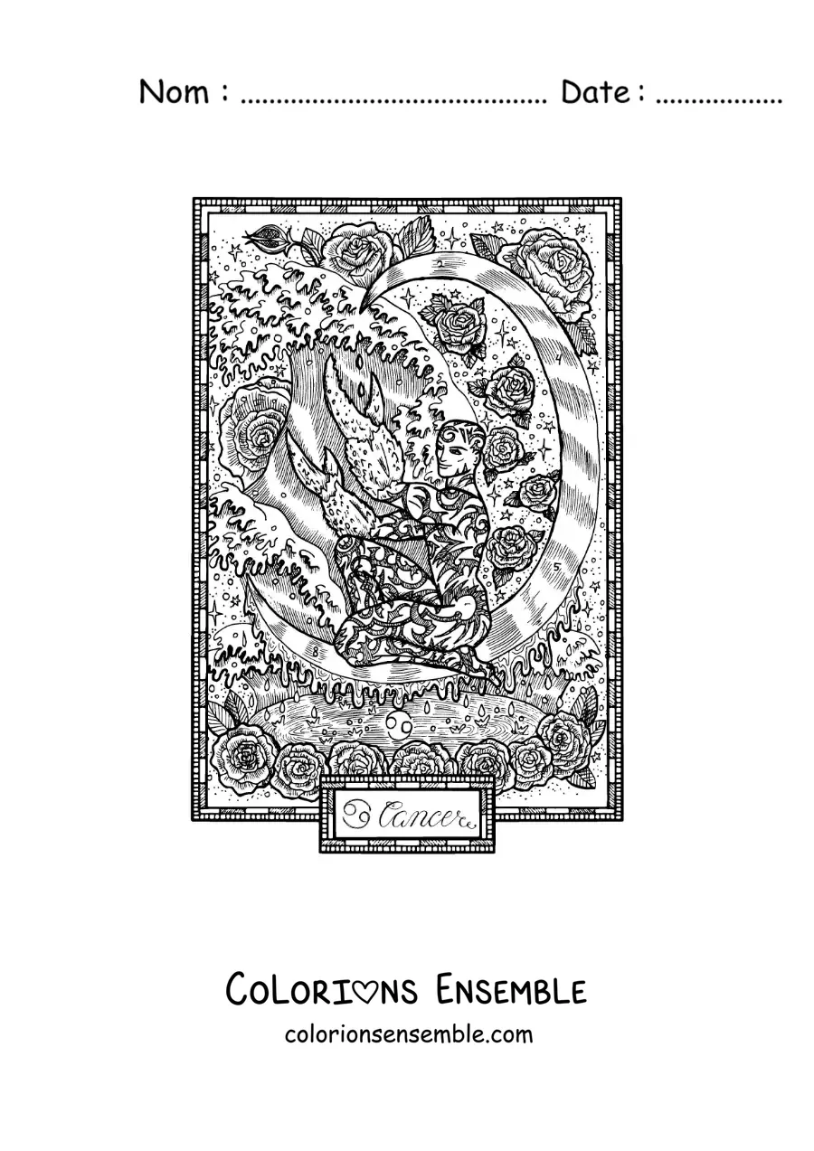 Image à colorier d’une carte du signe du Cancer
