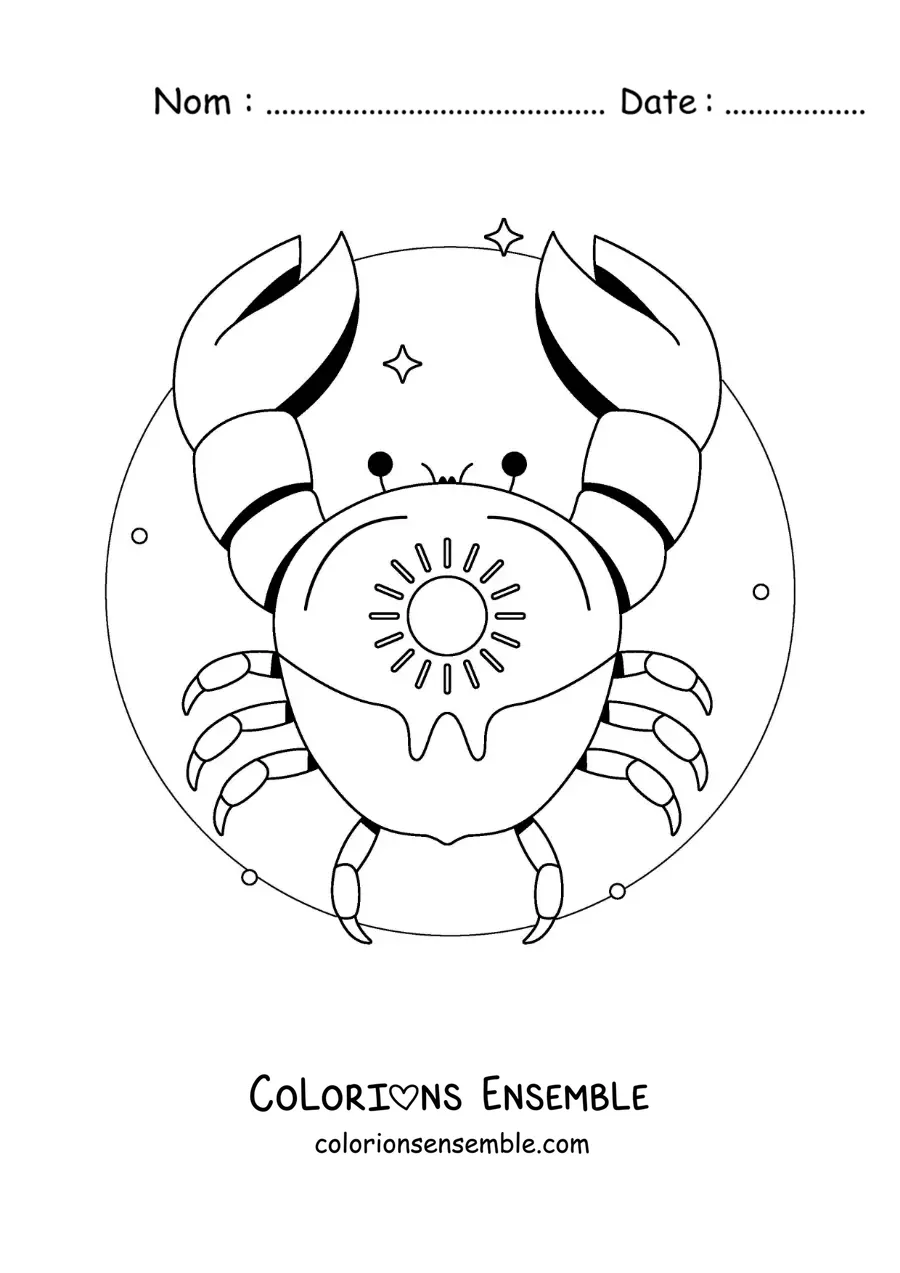 Image à colorier d’un crabe du signe du Cancer en dessin animé avec un soleil et des étoiles