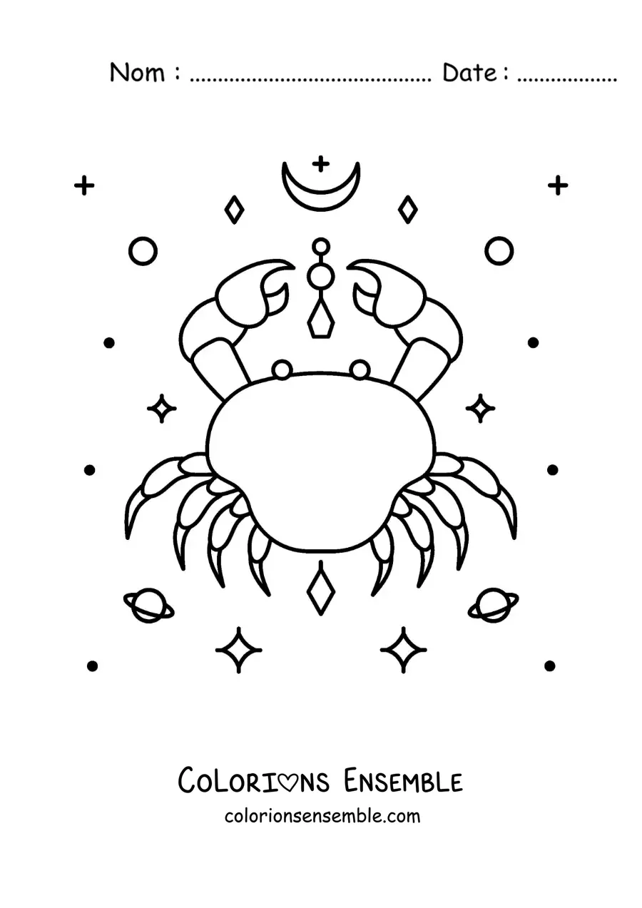 Image à colorier du crabe du Cancer avec des étoiles et des astres