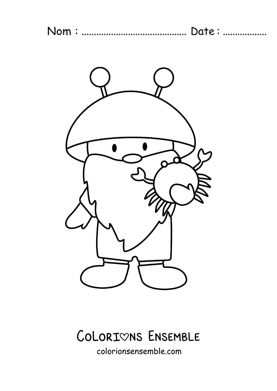 Image à colorier d’un gnome du signe du Cancer en dessin animé kawaii
