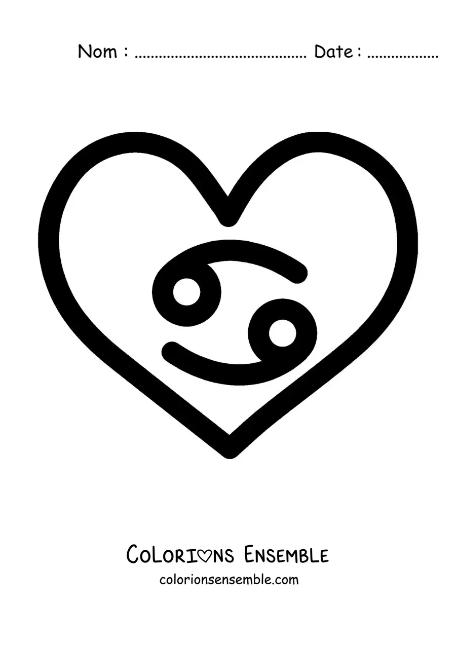 Image à colorier du symbole du signe du Cancer dans un cœur